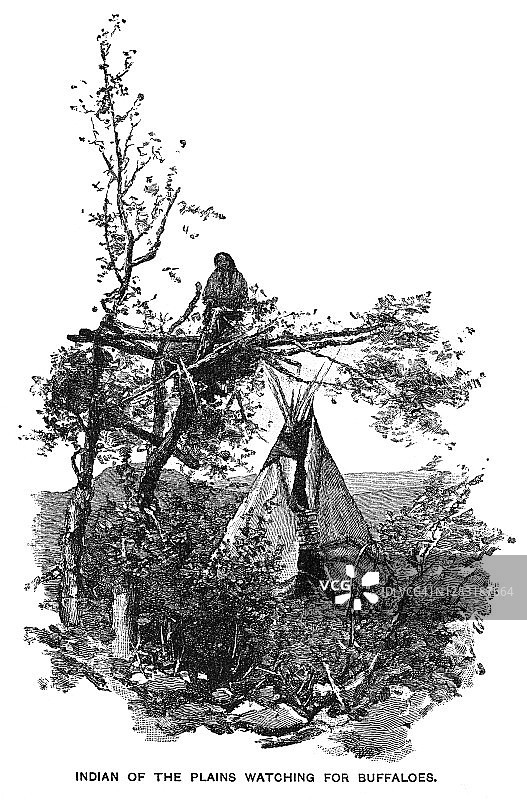 平原印第安人观看水牛的古老雕刻插图图片素材