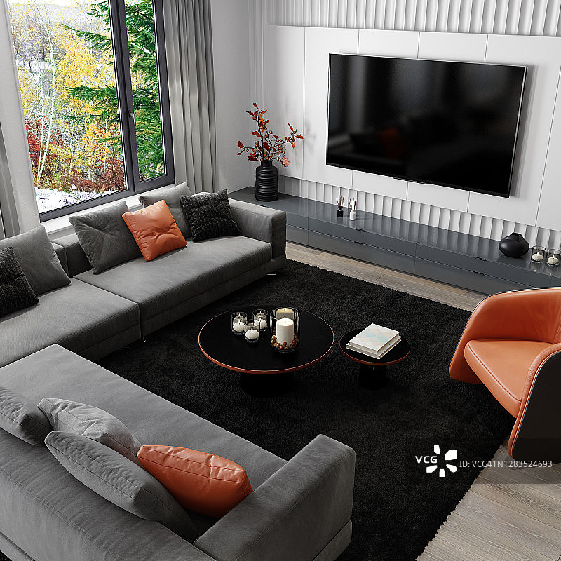 带8K电视屏幕的现代简约公寓室内客厅图片素材