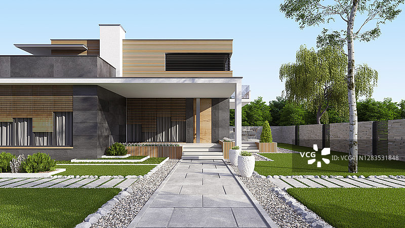 带前院花园的豪华现代别墅图片素材