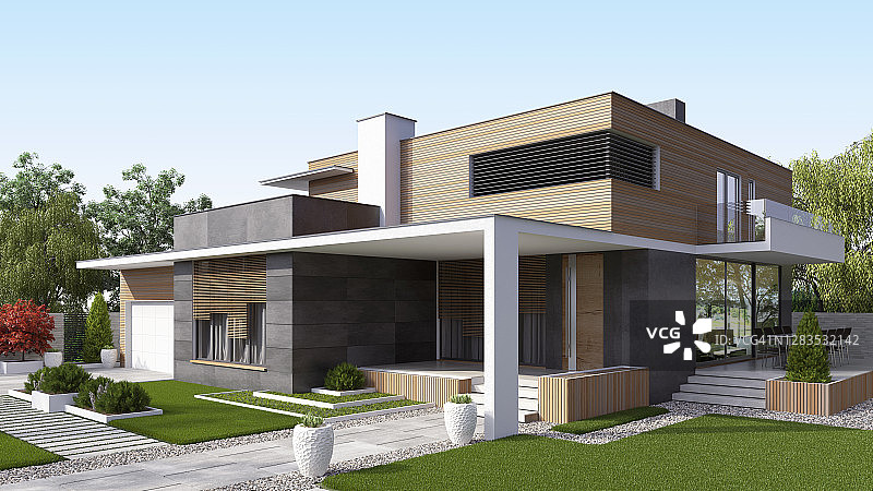 带前院花园的豪华现代别墅图片素材