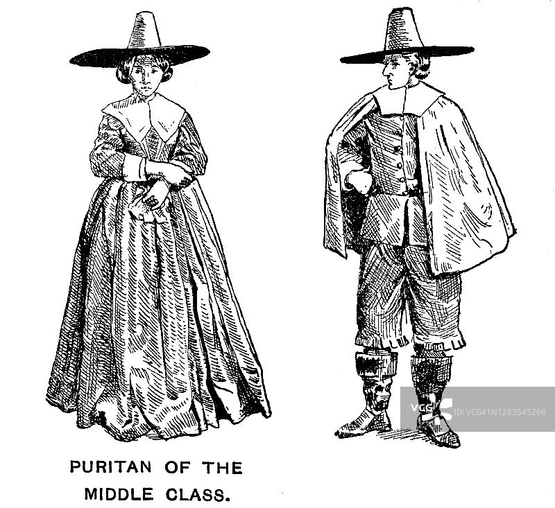 殖民时期服饰古董插画：中产阶级清教徒图片素材