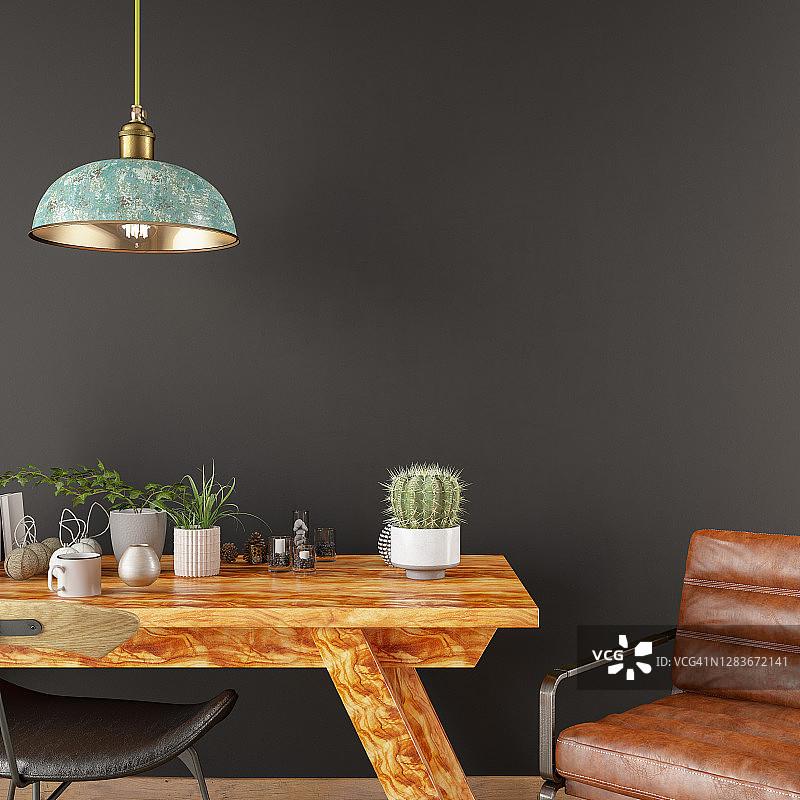 带有桌子和装饰品的黑色墙壁图片素材