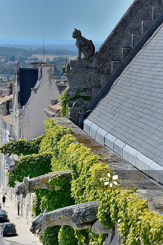 昂古莱姆市政厅的滴水嘴兽，其中一个是坐着的猫图片素材