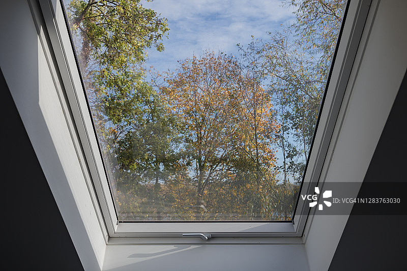 阁楼白色倾斜天窗的室内景观，阳光透过玻璃，树梢和秋叶失焦图片素材