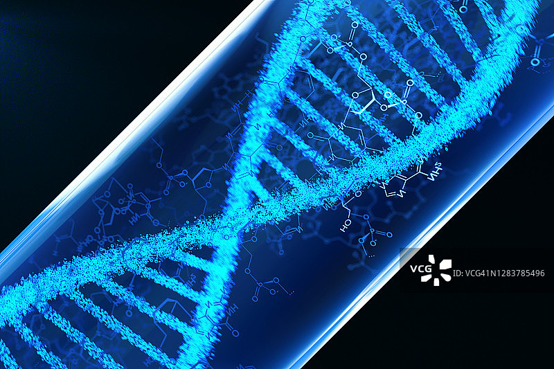 实验室玻璃器皿中的DNA结构和化学符号图片素材