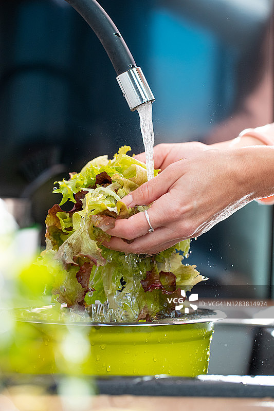 在自来水下清洗生菜图片素材