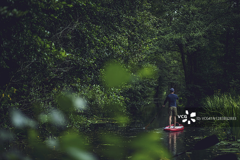 在森林中划桨板的年轻人，德国勃兰登堡州图片素材