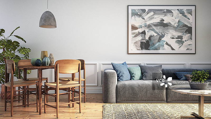 现代斯堪的纳维亚风格客厅室内设计 - 3D渲染图片素材