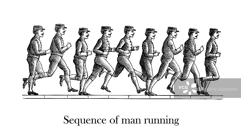 奔跑的人序列老式雕刻插图图片素材