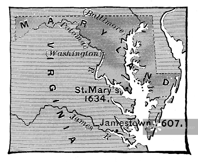 美国弗吉尼亚州詹姆斯敦定居点古地图的雕刻图片素材