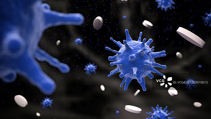 新冠病毒细胞周围的药物药丸图片素材