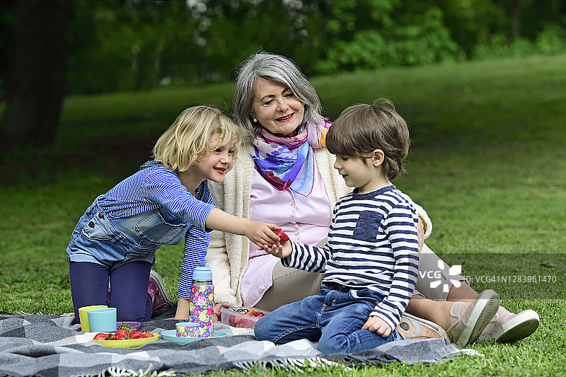 女孩在公园喂弟弟吃草莓，奶奶在旁图片素材