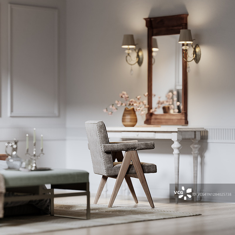 卧室中数字生成的扶手椅的细节图片素材