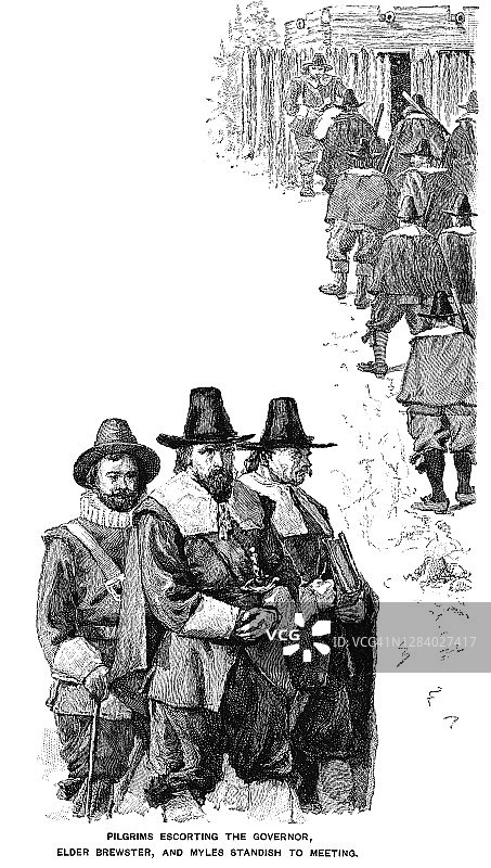 古董插画：清教徒护送总督威廉·布鲁斯特和迈尔斯·斯坦迪什参加会议图片素材