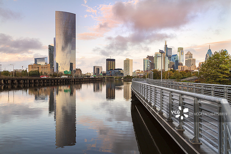 夕阳映衬下的斯库尔基尔河与费城天际线图片素材