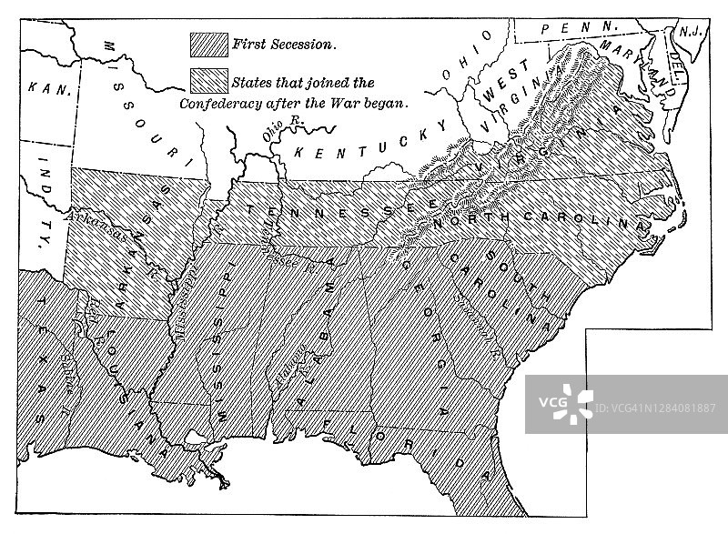 美国南方各州在分裂期间（1861年4月15日之前）的旧地图图片素材