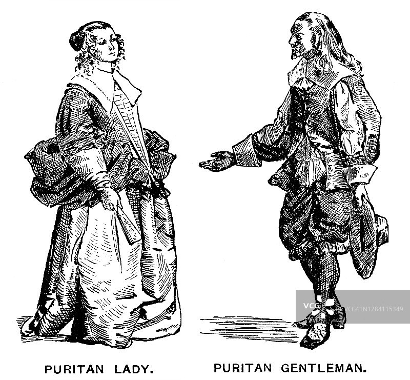殖民时期服饰古董插画：清教徒绅士与女士图片素材