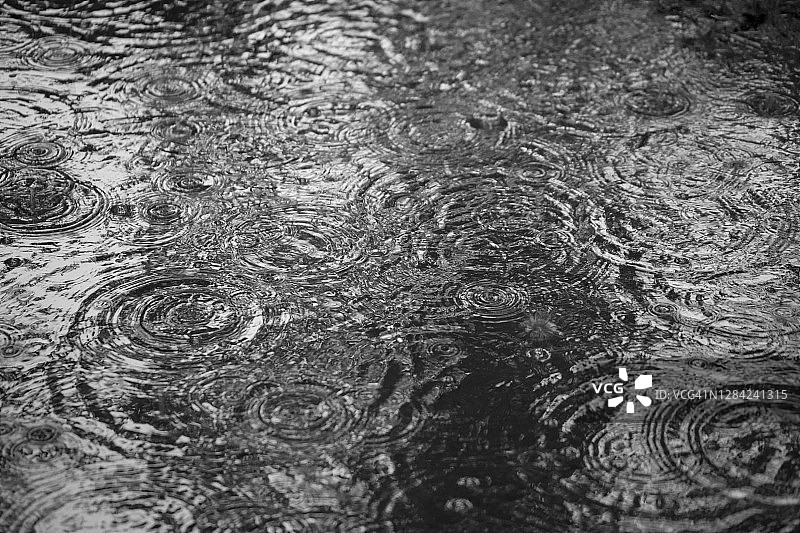 雨滴在水面产生的黑白涟漪图片素材