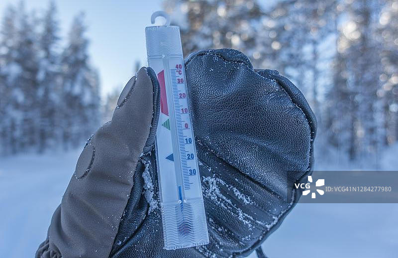 戴着厚手套的手握着零下36摄氏度的温度计，背景是瑞典的雪林图片素材