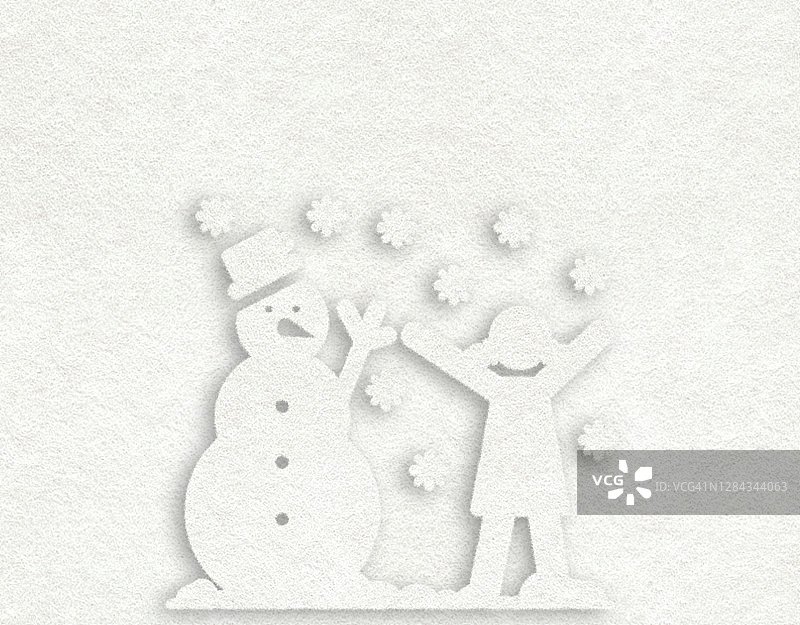 快乐的女孩和纸做的雪人，留白图片素材