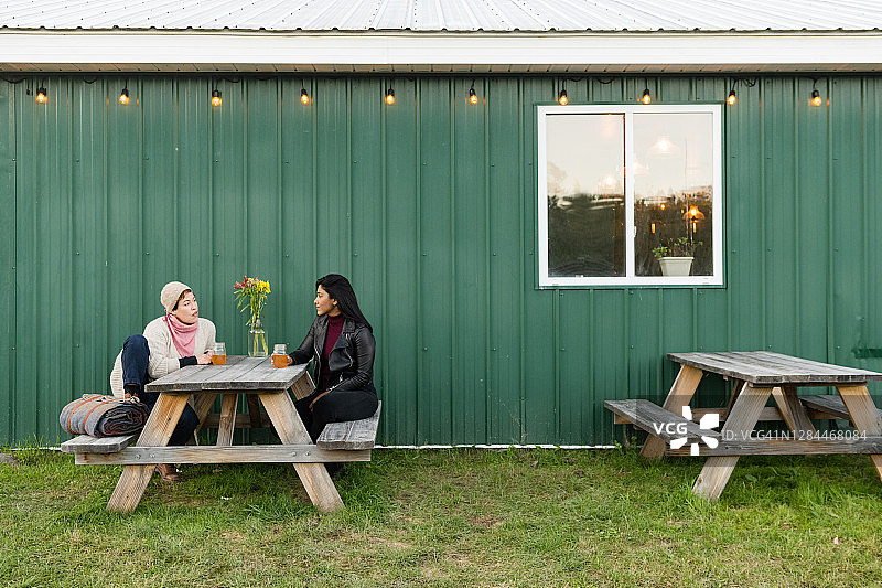 在纽约哈德逊河谷的农场酒吧外，两位成年朋友在桌旁喝苹果酒图片素材