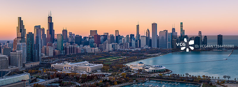 芝加哥日落天际线全景图片素材
