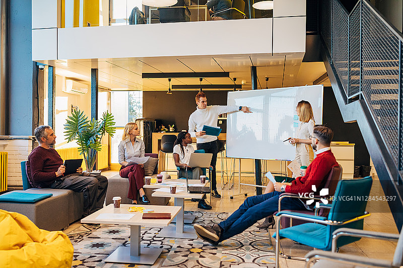 两位财务顾问在白板上展示图表，其他人收集信息并提出新想法图片素材