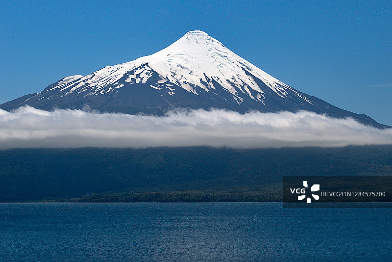 智利蓝色湖泊旁美丽的巴塔哥尼亚火山图片素材