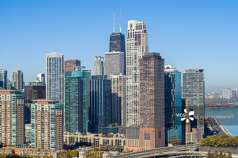 芝加哥市中心和湖滨大道航拍图片素材