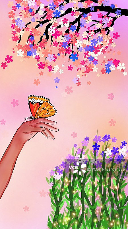 春天蝴蝶停留在手上的插画图片素材