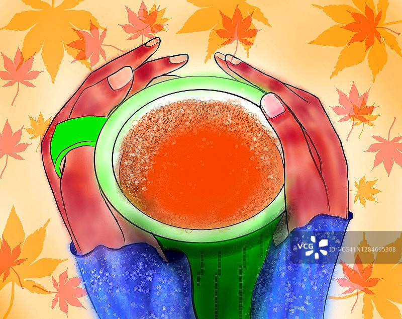 手握咖啡或茶的温馨插画图片素材