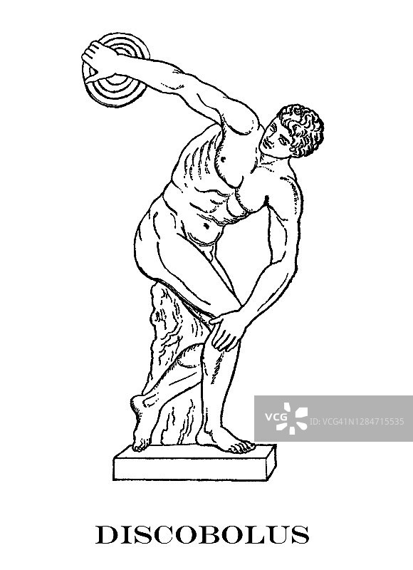古老的雕刻插图：掷铁饼者，希腊雕塑图片素材