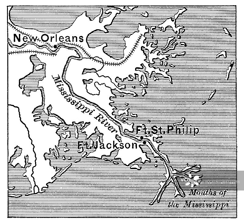 美国内战时期新奥尔良和密西西比河三角洲古地图图片素材