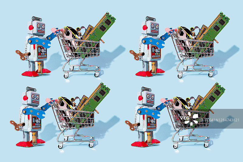 复古机器人玩具推着装满电子设备的迷你购物车图案图片素材