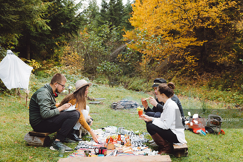 年轻的朋友们和一只狗在户外举行烧烤野餐图片素材