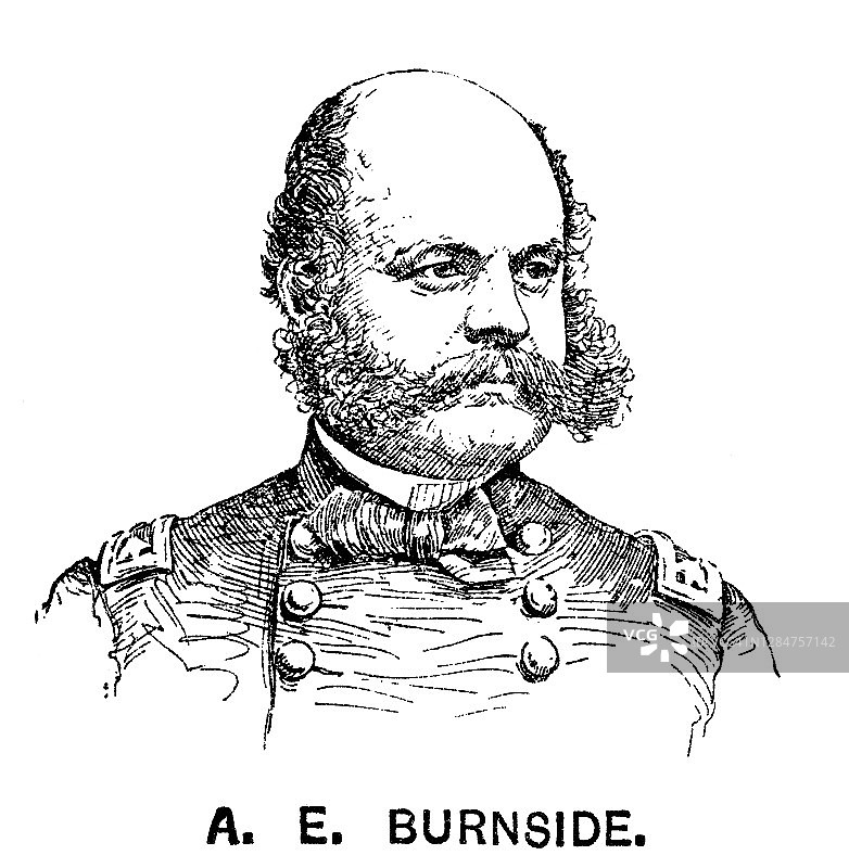 美国士兵、铁路主管、发明家、实业家和政治家安布罗斯·埃弗里特·伯恩赛德肖像图片素材