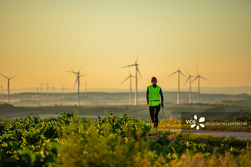 在乡村黎明景观中健走的北欧人图片素材