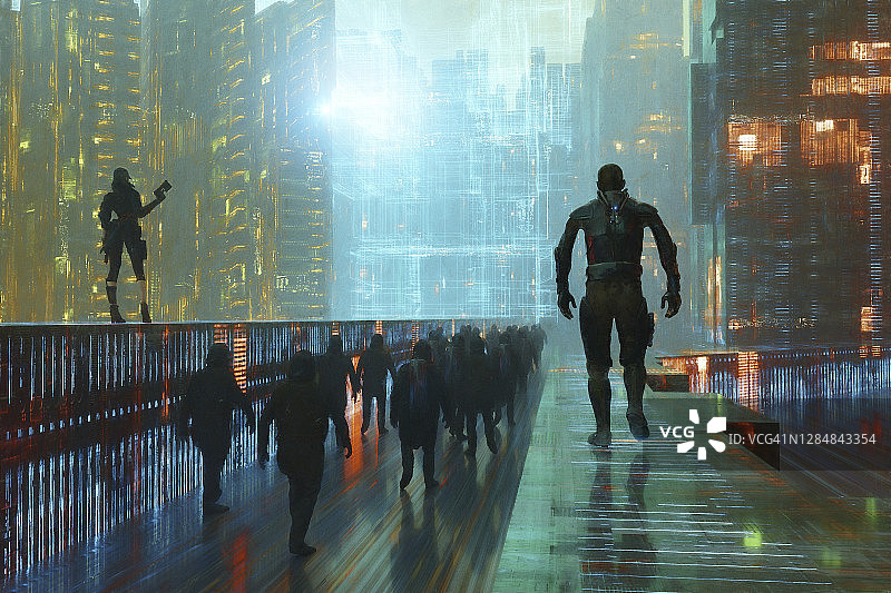 在未来城市中行走的幽灵赛博格图片素材