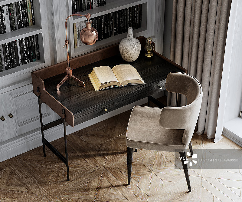 椅子、书桌和打开的书本的数字图像特写图片素材