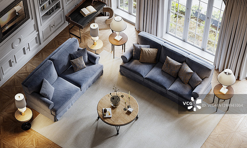 俯视角度拍摄的海边大房子里的豪华客厅图片素材