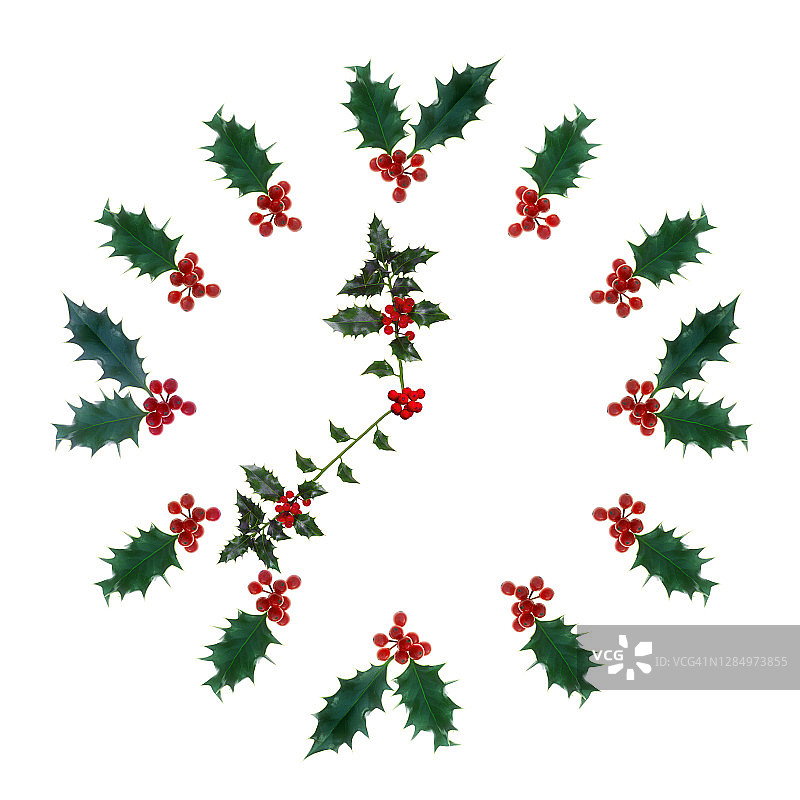 冬青和浆果装饰的圣诞季节日时钟图片素材