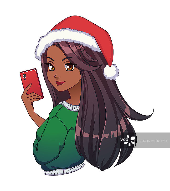 戴着圣诞帽的可爱卡通美国黑人女孩自拍。矢量插画图片素材