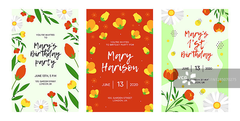 带花卉的彩色生日邀请函设计图片素材