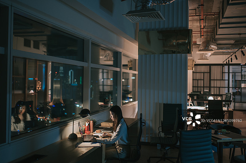 在办公室深夜赶金融报告的亚洲女白领图片素材