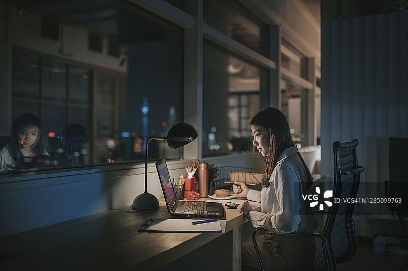 在办公室深夜赶金融报告的亚洲女白领图片素材