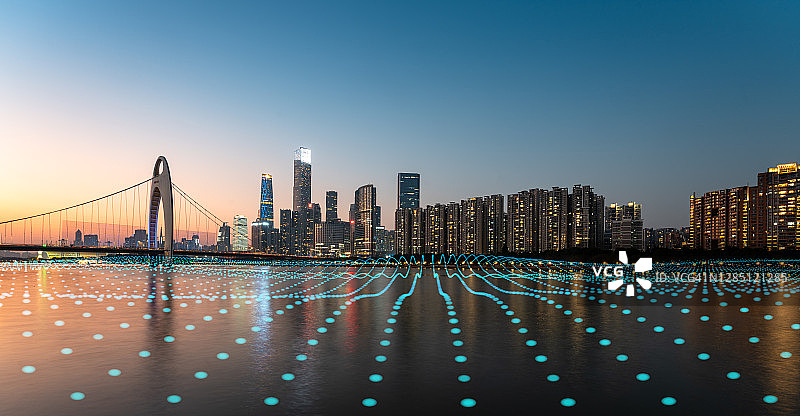 城市天际线的蓝色网格线图片素材