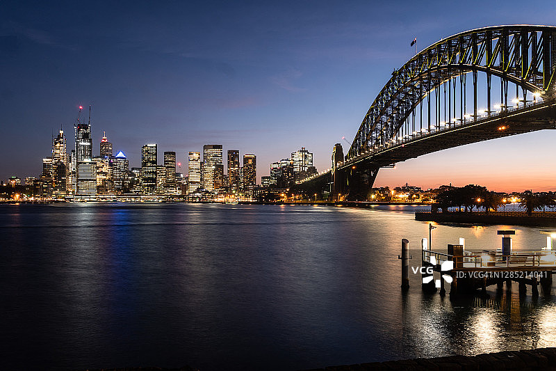 澳大利亚悉尼海港大桥和金融区天际线的暮色图片素材