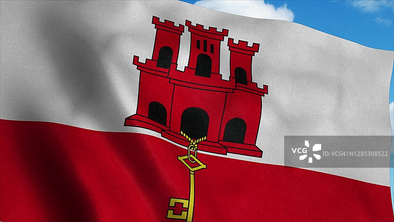 在蓝天背景下飘扬的直布罗陀旗帜3D渲染图片素材