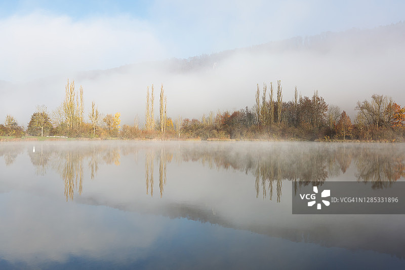 清晨薄雾笼罩的湖面倒映着树木和灌木图片素材
