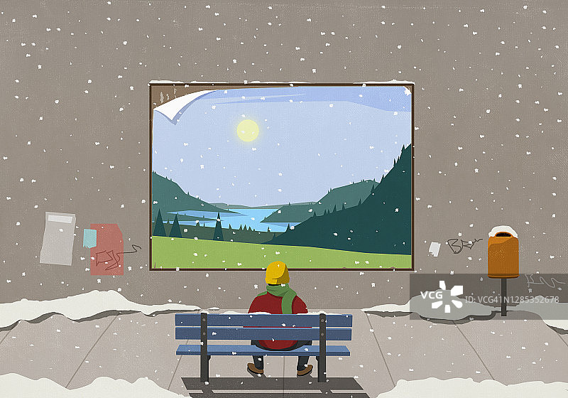 男子坐在白雪覆盖的城市长椅上，看着乡村广告牌图片素材